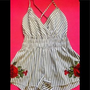 Striped Romper with Red Roses